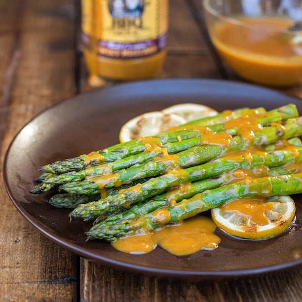 Boo and Henry's Roasted Asparagus drizzled with Sweet Mustard BBQ Sauce