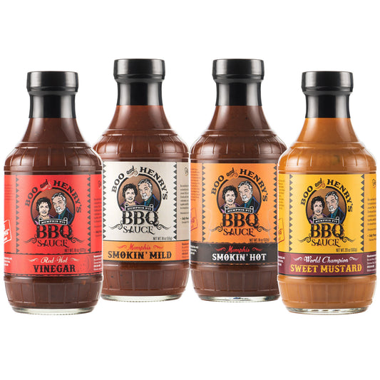 Boo and Henry's BBQ Sauce Variety 12-Pack with 12 tangy BBQ sauce bottles