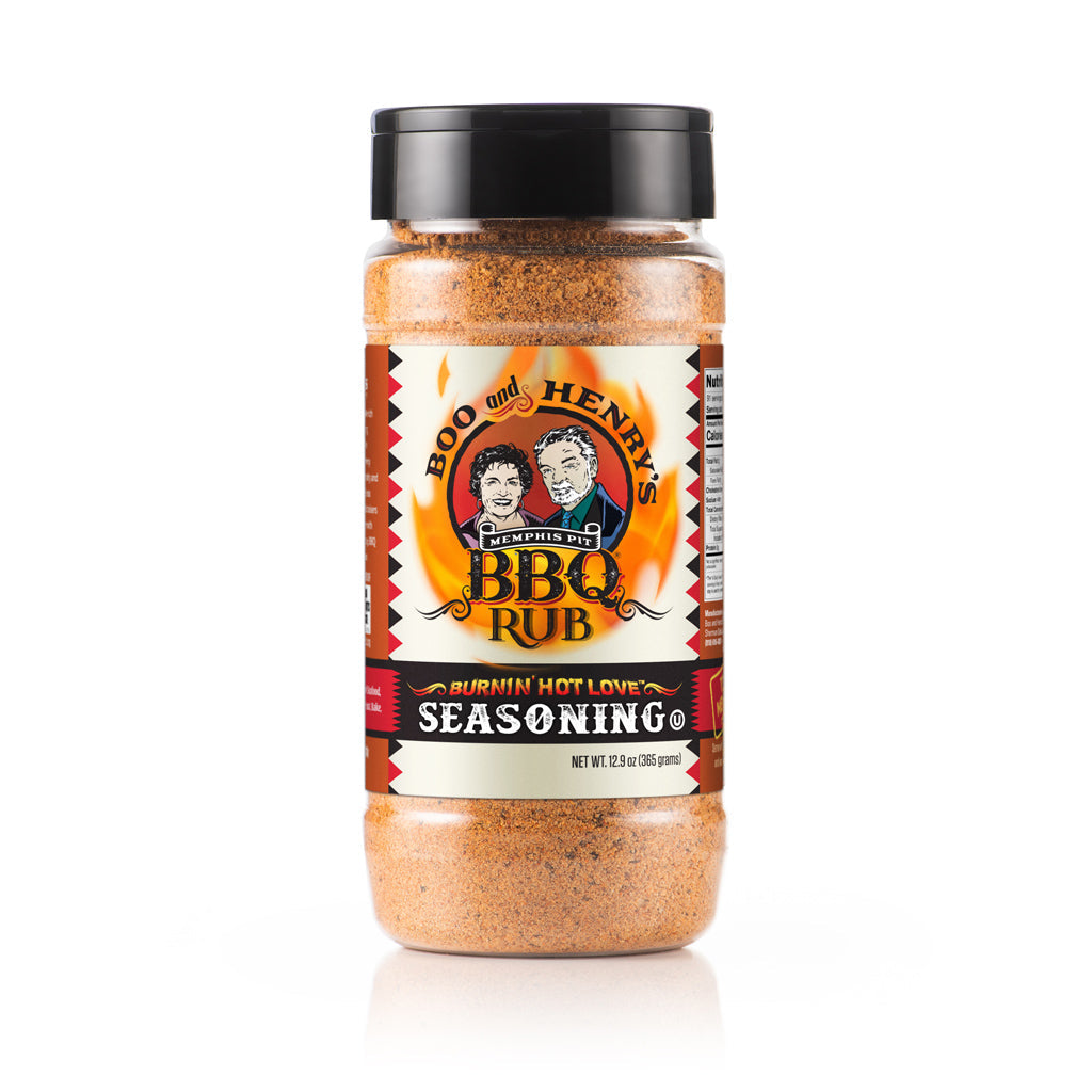 Boo and Henry's Burnin' Hot Love Dry Rub BBQ Seasoning shaker bottle