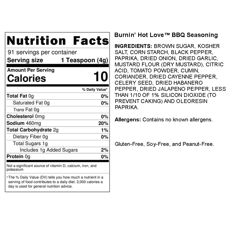 Boo and Henry's Burnin' Hot Love BBQ Seasoning nutritional label