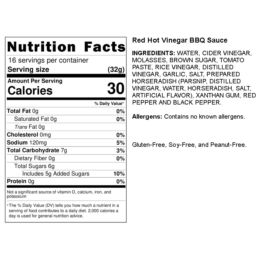 Boo and Henry's Red Hot Vinegar BBQ Sauce nutritional label and ingredients
