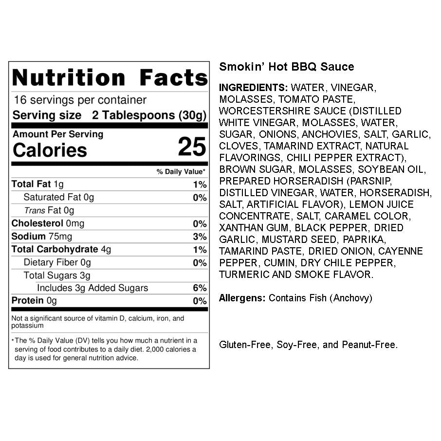 Boo and Henry's Smokin' Hot BBQ Sauce nutritional label and ingredients