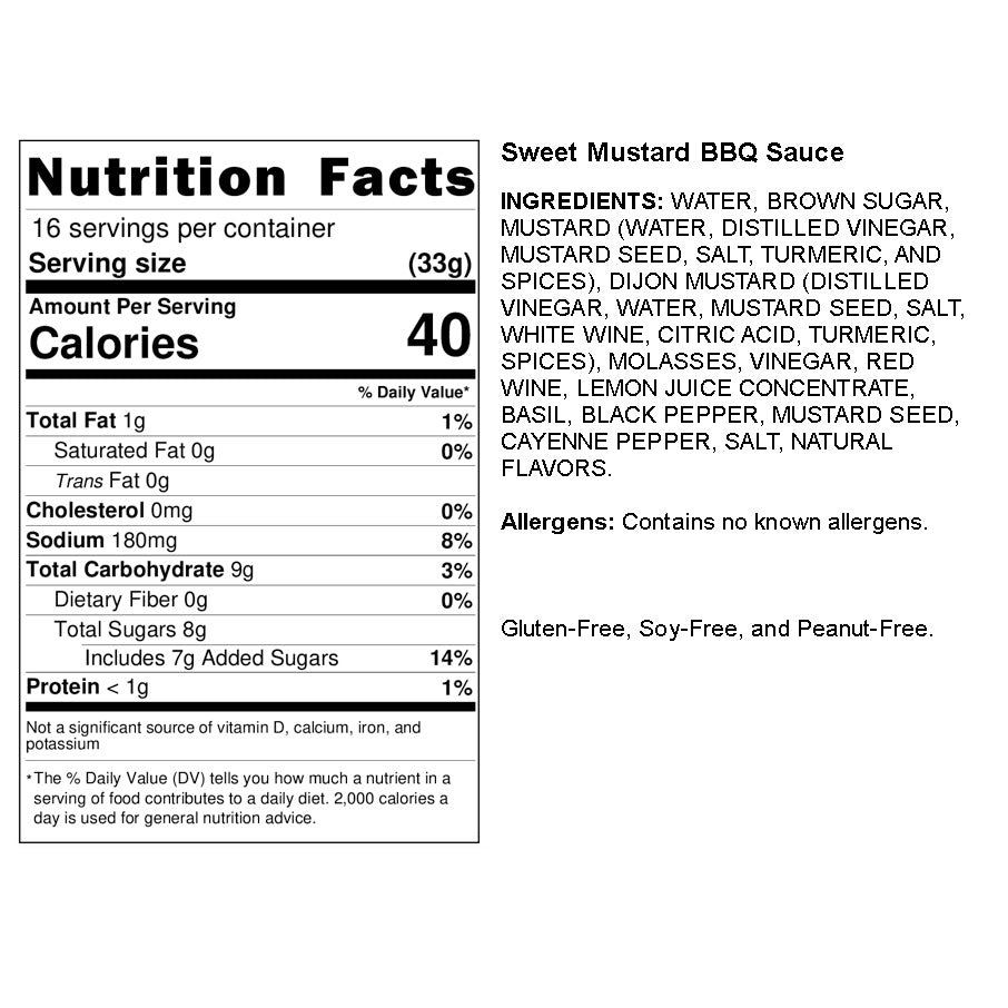 Boo and Henry's Sweet Mustard BBQ Sauce nutritional label and ingredients