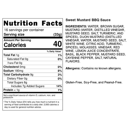 Boo and Henry's Sweet Mustard BBQ Sauce nutritional label and ingredients